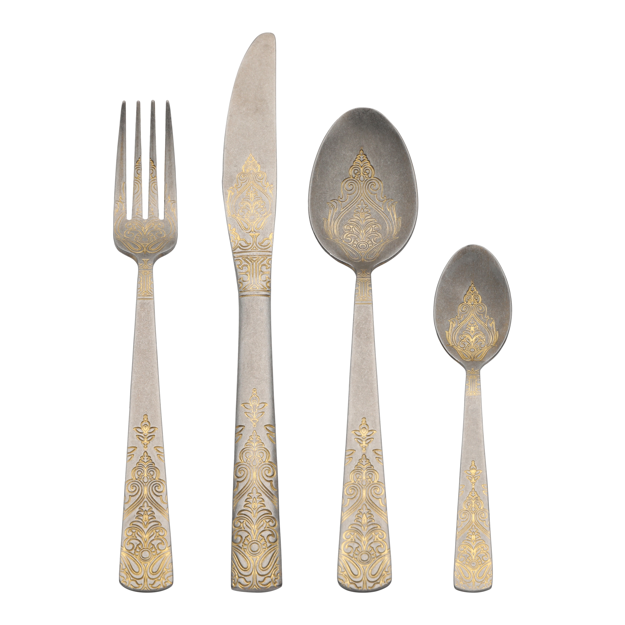 REGALWOVEN Stainless Steel Floral Flatware Set Cutlery Set Includes Dinner Knife, Fork, Spoon 4 Pcs Retro Gold