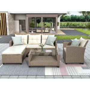 Outdoor, Patio Furniture Sets, 4 Piece Conversation Set Wicker Ratten Sectional Sofa with Seat Cushions - 1 of 4