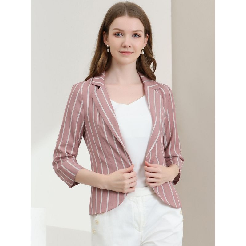 Allegra K Women's Striped 3/4 Sleeves Open Front Casual Notched Lapel Blazer, 4 of 8