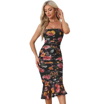 Allegra K Women's Spaghetti Strap Floral Print Mesh Sleeveless Ruched Party Midi Bodycon Dress