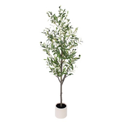 Tree City 5 Ft Artificial Olive Tree in White Planter–Faux Silk Olive Tree with Realistic Wood Trunk &Lifelike Fruits