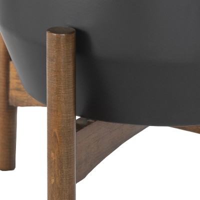 Dolbry Mid-Century Black and Walnut Freestanding Metal Planter Set