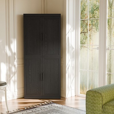 Spassway Black 2-Piece Tall Wood Storage Cabinet Modular Pantry Cabinet with 4 Adjustable Shelves 4 Doors Freestanding Organizer for Living Room