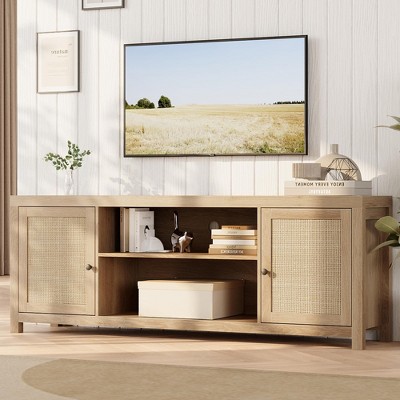 Homhougo TV Stand for 75 Inch TV, Rattan Entertainment Center with Storage, Wood TV & Media Console Brown