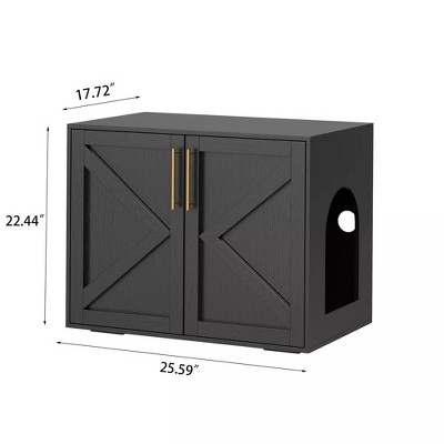 Black Wooden Freestanding Cat Litter Box Enclosure with Double Doors