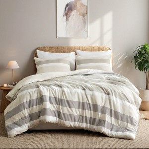 3Pcs Stripe Print Comforter Sets, Contemporary Style Lightweight Fluffy Bedding, Premium Textile Bed Set with Matching Shams - 1 of 4