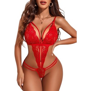 Clotth Women's Deep V Lace Teddy Bodysuit - Exquisite One Piece Lingerie, Babydoll Teddy Underwear - 1 of 4