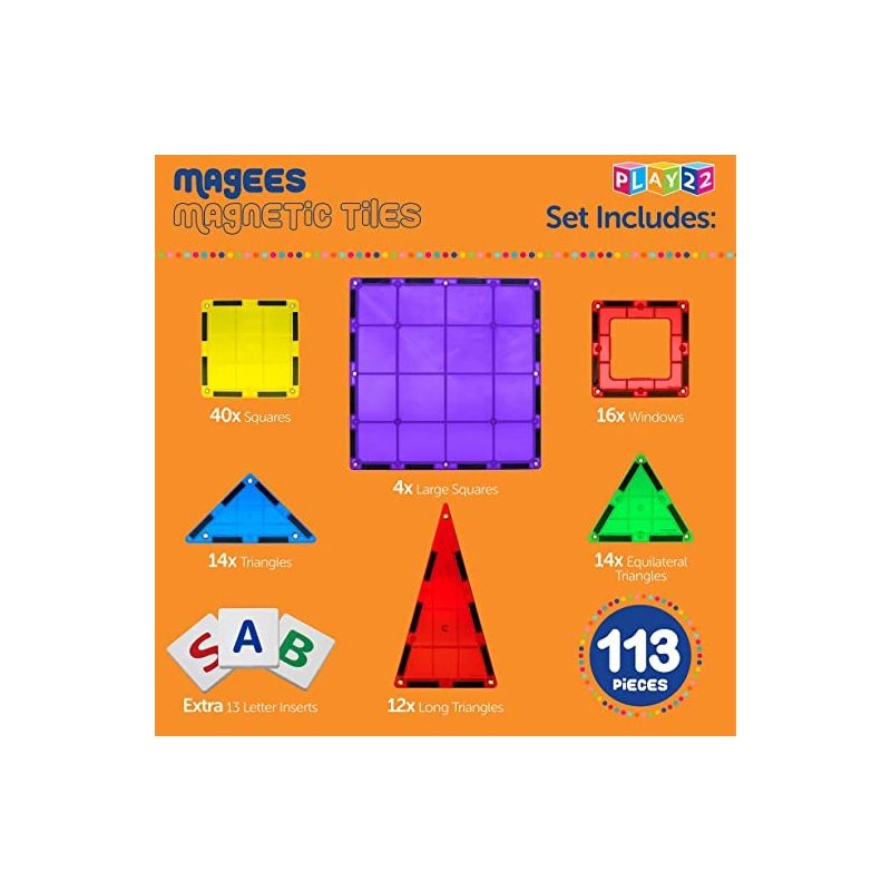 Magnetic Tiles Building Blocks 113pc Set - Includes Bonus 13 Piece Alphabet Cards - STEM 3D Magnet Tiles - Strongest Magnets - Play22usa, 3 of 11