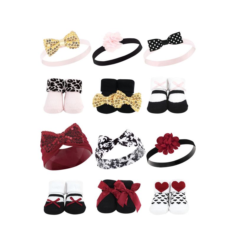 Hudson Baby Infant Girl 12Pc Headband and Socks Giftset, Gold Sequin Red Sequin, One Size, 1 of 4