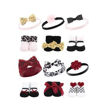 Hudson Baby Infant Girl 12Pc Headband and Socks Giftset, Gold Sequin Red Sequin, One Size