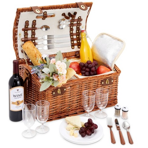 Wicker Picnic Basket w/ Plates, Silverware, Wine Glasses, popular and Food Cooler