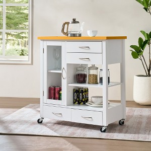 JUJABU Kitchen Island Cart on Wheels with Walnut Wood Top, Drawers and Towel Bar, White - 1 of 4
