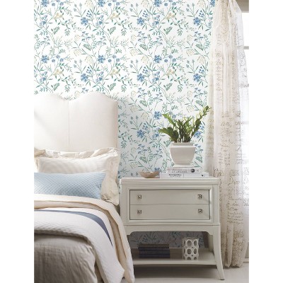 White and Blue Floral Self-Adhesive Peel and Stick Wallpaper Roll