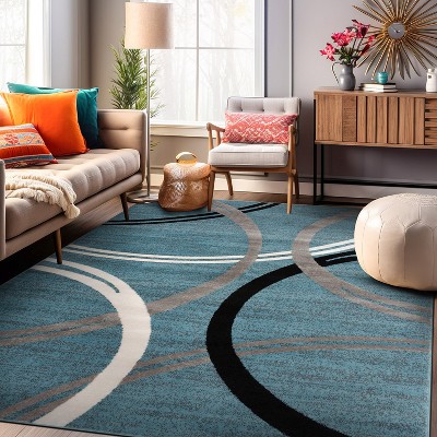 Modern Abstract Waves Blue Polypropylene Area Rug