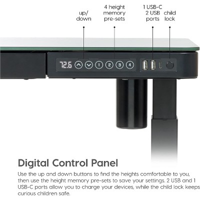 Black Adjustable Glass Top Standing Desk with USB Port