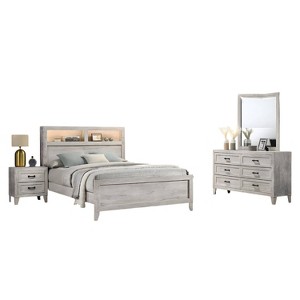 Benzara Miot 4pc Queen Bedroom Set Headboard Shelves w Light Whitewash ...