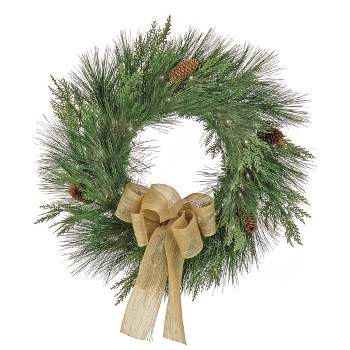 HGTV Home Collection 22" Pre Lit Artificial Christmas Wreath, Mixed cedar and bristle Branch Tips, Decorated with Pinecones and Bow
