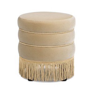 Edward 17.5" Round Upholstered Ottoman with Bullion Fringe - 1 of 4