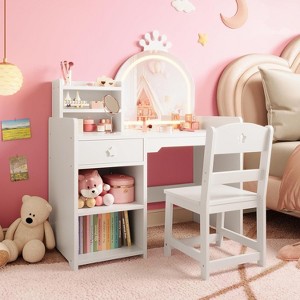 Kids Vanity with Lighted Mirror, 2 in 1 Princess Vanity Set Toddler Vanity Table & Chair Set with Open Bookshelf, Storage Cabinet & Shelves - 1 of 4