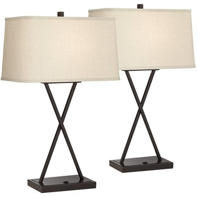 Franklin Iron Works Modern Table Lamps Set of 2 with Hotel Style USB Charging Port LED Bronze Metal Rectangular Fabric Shade for Living Room Bedroom