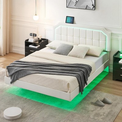 Whizmax Floating Bed Frame with Led Lights, Heavy Duty Metal Platform Beds with 12" Underbed Storage Space, Easy to Assemble, White