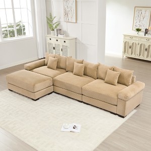 Oversized 130" Corduroy Cloud Modular L-Shaped Sectional Sofa with Thick Cushion and Movable Ottoman, 4-Piece Free combination Sofa - 1 of 4