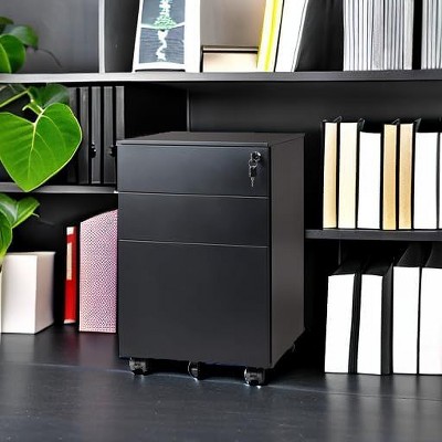Black Metal 3-Drawer Lockable Mobile File Cabinet