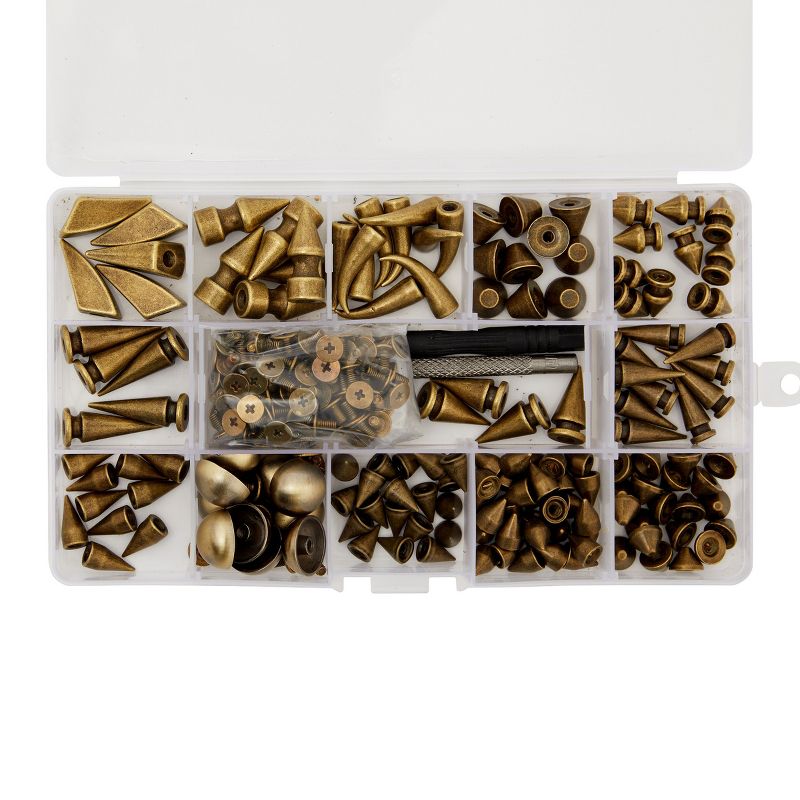 Bright Creations 150 Piece Set Bronze Spikes and Studs for Crafts and Clothing with Tools Grid Storage Box (13 Assorted Shapes), 5 of 9