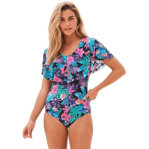 Swim 365 Women's Plus Size Flutter-sleeve One-piece, 20 - Purple Tropical  Floral : Target