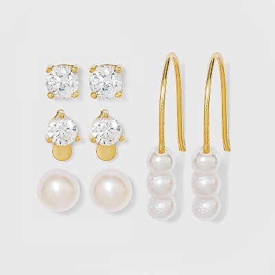 Sterling Silver with Cubic Zirconia and Glass Pearl Stud Earring Set 4pc - A New Day™ - Gold