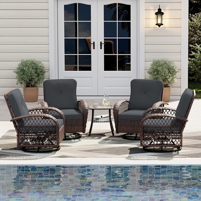 UPHA 5-Piece Patio Outdoor Wicker Swivel Rocking Chair Set with Side Table and Dark gray Cushions