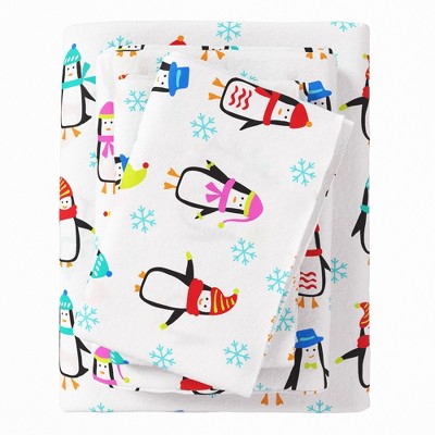100% Cotton Christmas Flannel Sheet Set - Great Bay Home (Queen, Penguins)