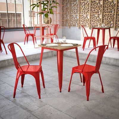 24" Square Brown Poly Resin Top Red Steel Base Dining Table