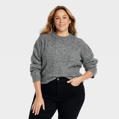 Women's Cable Knit Crewneck Pullover Sweater - Ava & Viv™ Gray 1X: Recycled Polyester Blend, Long Sleeve, Ribbed Cuff & Hem