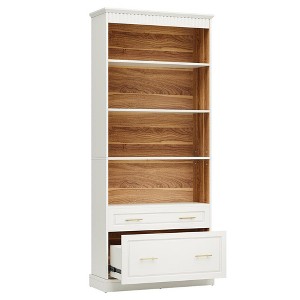 Resenkos Bookshelf, Bookcase Standing Shelf Unts,72" Bookshelf with Drawers, Freestanding 5-Shelf Bookcase Display Shelf,White - 1 of 4