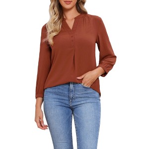 INSPIRE CHIC Women's Casual V Neck 3/4 Sleeve Pleated Trim Puff Cuffs Blouse - 1 of 4