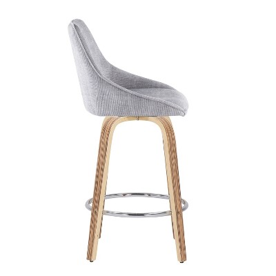 Zebra Wood and Grey Corduroy Swivel Counter Stools, Set of 2