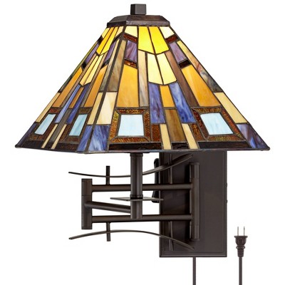 Robert Louis Tiffany Swing Arm Wall Lamp Plug-In Light Fixture Jewel Tone Stained Glass for Bedroom Bedside Living Room Reading