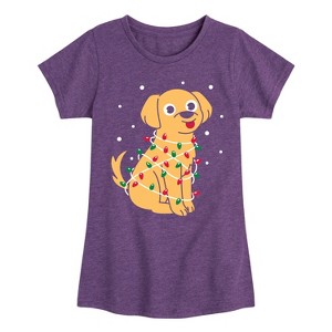 Girls' - Instant Message - Dog with Christmas Lights Fitted Short Sleeve Graphic T-Shirt - 1 of 4