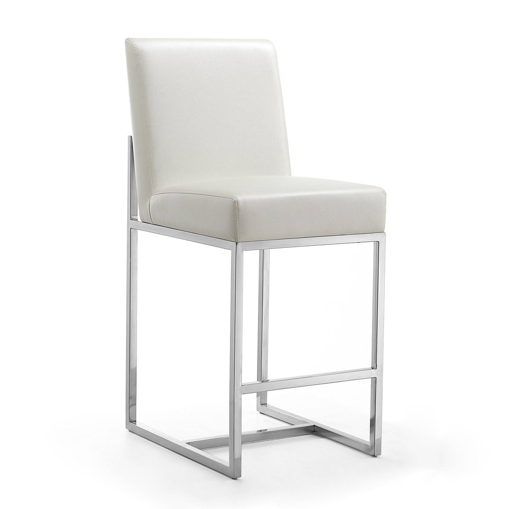 Manhattan Comfort Element Stainless Steel Counter Height Barstool Pearl White: Faux Leather Upholstered, Fixed Height