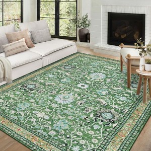 Boho Vintage Area Rug Machine Washable Non Slip  Low Pile Ultra Thin Floor Mat Non Shedding Floral Printed Indoor Carpet - 1 of 4