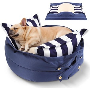 Hachikiko Calming 2-in-1 Pet Bed - Foldable Round Nest/Removable Cover/Non-Slip Base for Medium Dogs Under 40lbs (Blue Stripe, 23×23×9in) - 1 of 4
