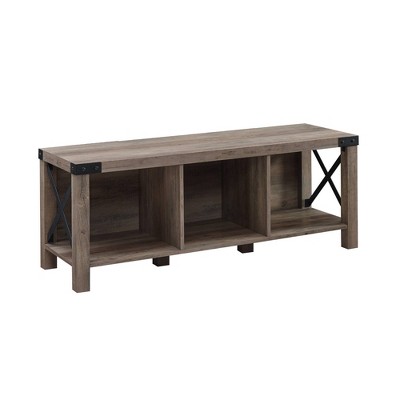 Sophie Rustic Farmhouse X Frame Entry Bench with 3 Cubbies Gray Wash - Saracina Home