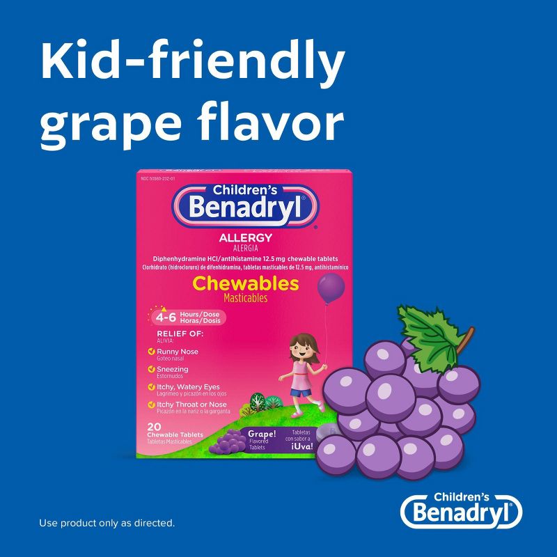 Children&#39;s Benadryl Diphenhydramine Allergy Relief Chewable Tablets - Grape - 20ct, 5 of 10