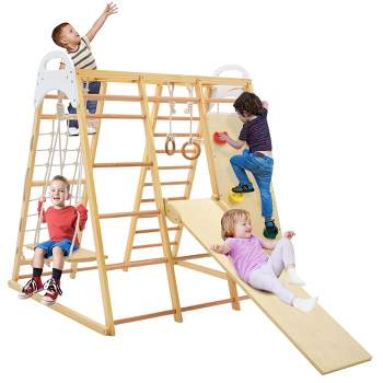 Costway 8-in-1 Jungle Gym Playset, Wooden Climber Play Set with Monkey Bars Colorful/Natural