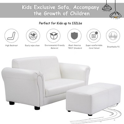 White Faux Leather Kids Armchair with Ottoman and Wood Frame
