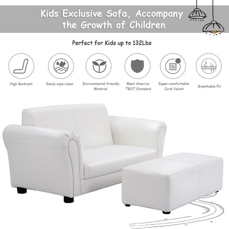 Costway White Kids Sofa Armrest Chair Couch Lounge Children Birthday Gift w/ Ottoman, 4 of 11