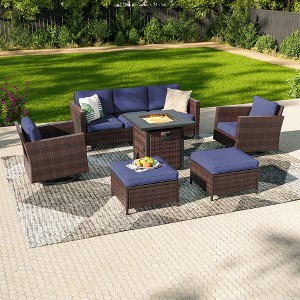 Sonkuki 6-Piece Patio Sofa with Square Fire Pit Table and Swivel Rocking Chairs, Conversation Couch with Cushion - 1 of 4
