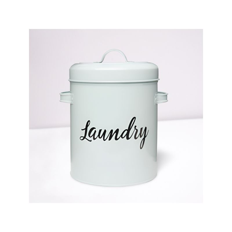 Amici Home Launderette Metal Storage Canister, Round Canister w/ Powder Coat Finish Script Style Lettering, Side Handles & Lid Handle, 3 of 5