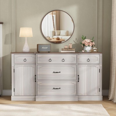 Large Sideboard Buffet with 5 Drawers, 2 Doors & Adjustable Shelves, Wood Coffee Bar Table Cabinet